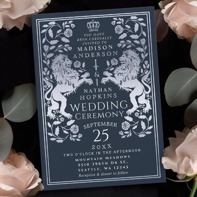 Navy Royal Lion Medieval Silver Wedding Invitation (Creator Uploaded)