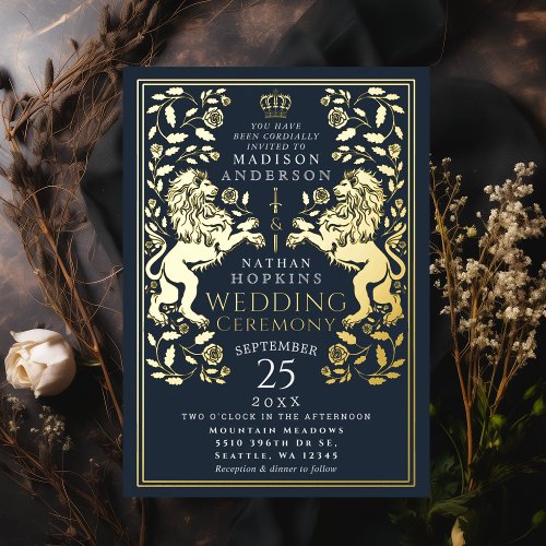 Navy Royal Lion Medieval Wedding  Foil Invitation