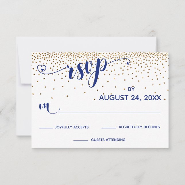 Navy RSVP Calligraphy with Hearts, Gold Confetti, (Front)