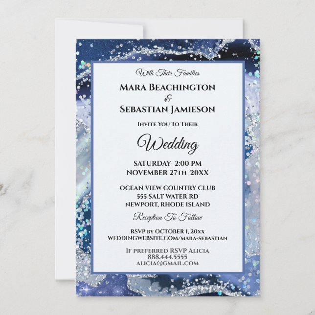 *~* NAVY RSVP Website AGATE Stars AR13 Wedding Invitation (Front)
