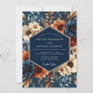 Navy Rust Artistic Flora Wedding Invitation