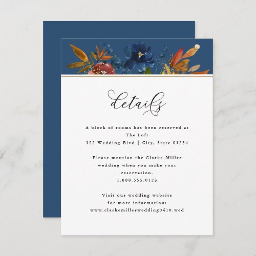 Navy  Rust Boho Floral Blue Wedding Details Enclosure Card