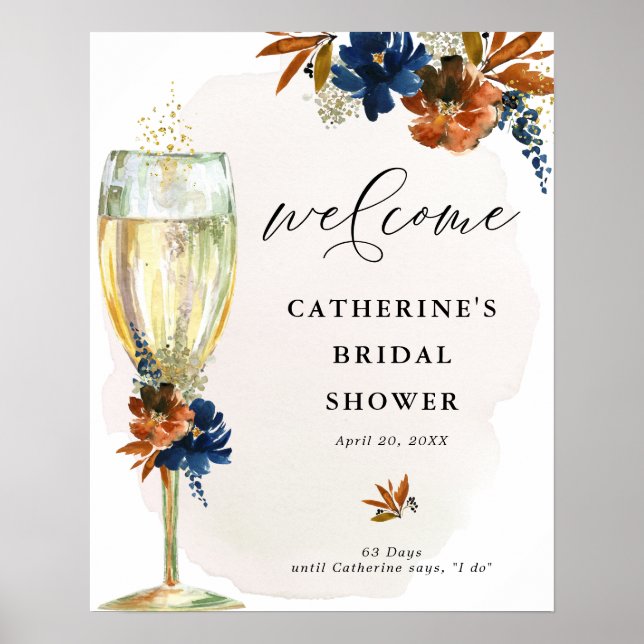 Navy Rust Boho Floral Bridal Shower Welcome Poster (Front)