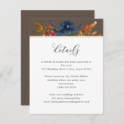 Navy  Rust Boho Floral Brown Wedding Details Enclosure Card