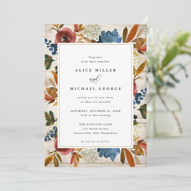 Navy & Rust Boho Floral, Light Wood Wedding Invitation (Standing Front)