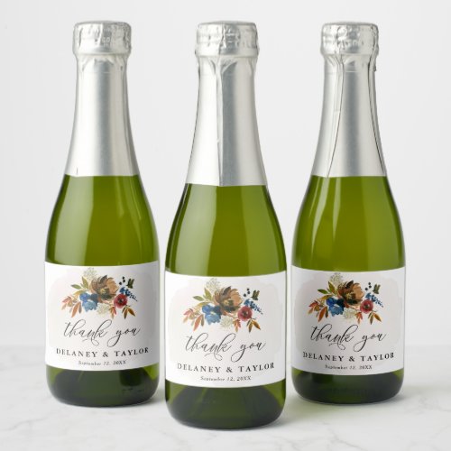 Navy Rust Boho Floral Thank You Customized Mini Sparkling Wine Label