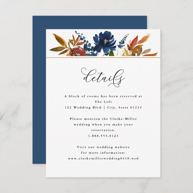 Navy & Rust Boho Floral, White Wedding Details Enclosure Card (Front/Back)