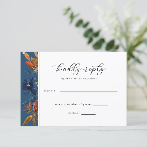 Navy  Rust Boho Flowers Blue Wedding RSVP Card