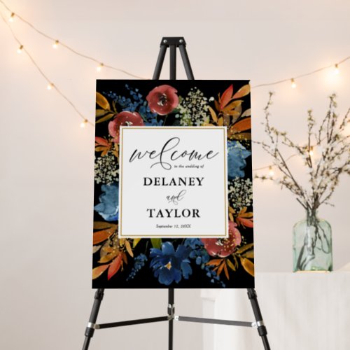 Navy  Rust Boho Flowers Gold Frame Black Welcome Foam Board