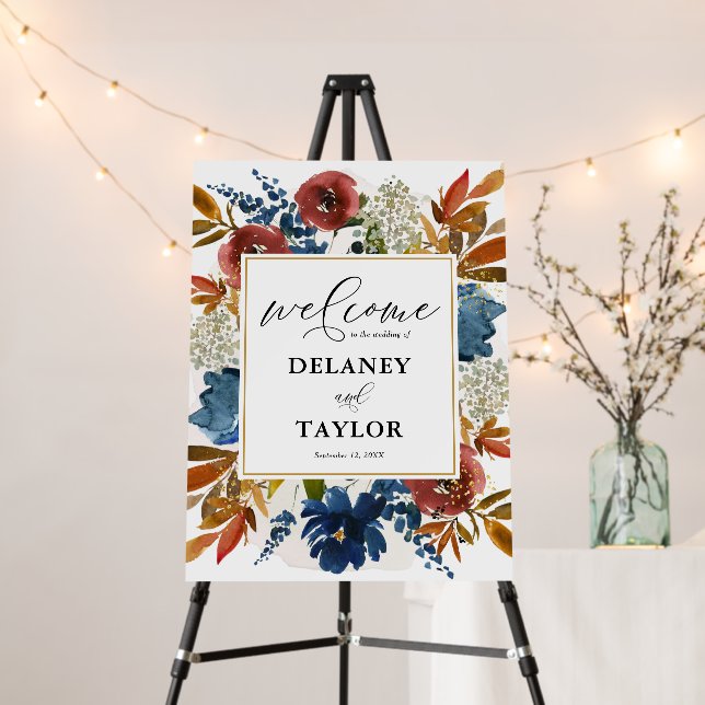 Navy & Rust Boho Flowers Gold Frame Large Welcome Foam Board (In Situ (Stand))