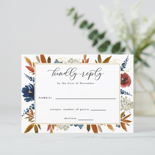 Navy  Rust Boho Flowers Gold Frame White Wedding RSVP Card