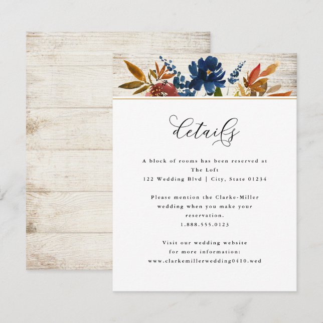 Navy & Rust Boho Flowers Light Wood Wedding Detail Enclosure Card (Front/Back)