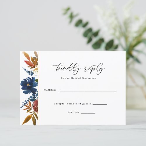 Navy  Rust Boho Flowers White Wedding RSVP Card