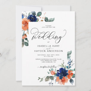 Navy Rust Burnt Orange Floral Botanical Wedding Invitation