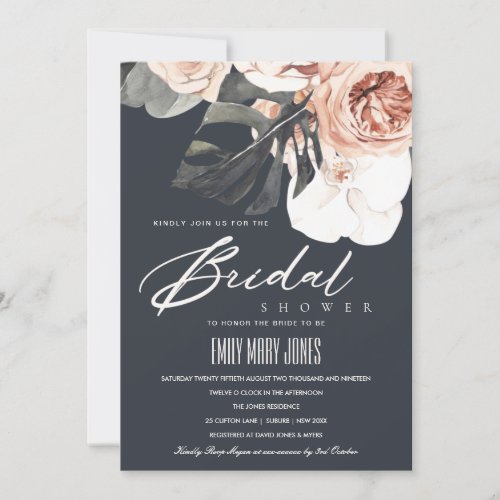 NAVY RUST FLORAL MONSTRERA BRIDAL SHOWER INVITE