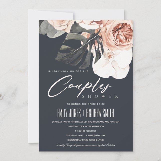 NAVY RUST FLORAL MONSTRERA COUPLES SHOWER INVITE (Front)