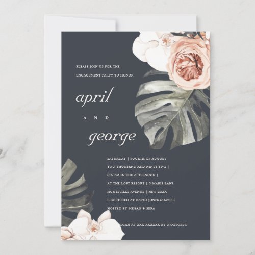 NAVY RUST FLORAL MONSTRERA LEAF ENGAGEMENT INVITE