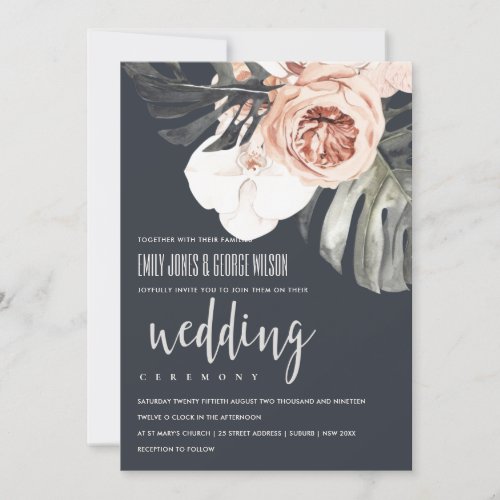 NAVY RUST FLORAL MONSTRERA LEAF WEDDING INVITE