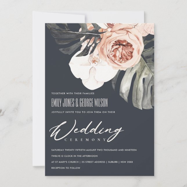 NAVY RUST FLORAL MONSTRERA LEAF WEDDING INVITE (Front)