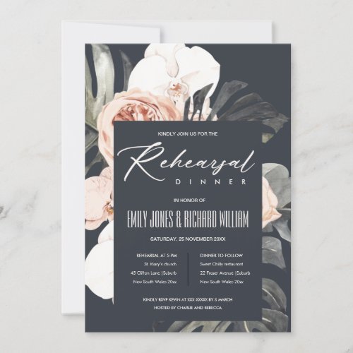 NAVY RUST FLORAL MONSTRERA REHERSAL DINNER INVITE