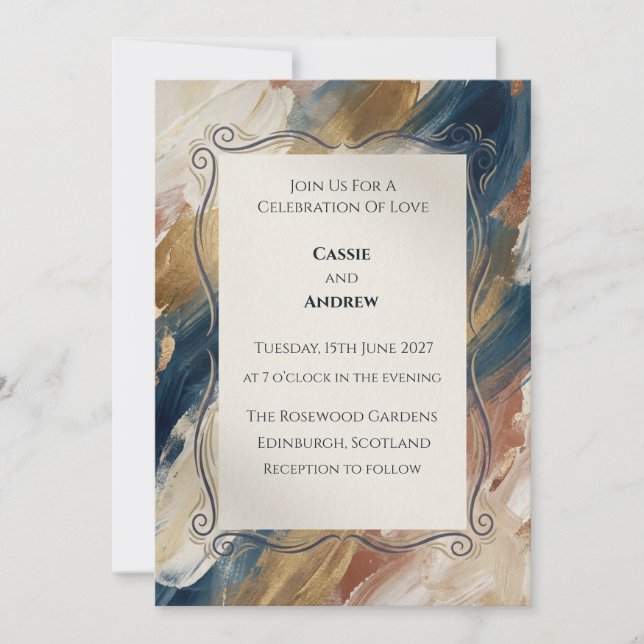 Navy Rust Gold Abstract Scroll Wedding Invitation (Front)