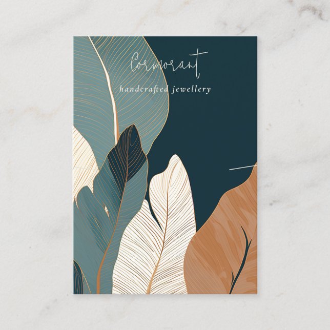 Navy Rust Gold Tropical Leafy Necklace Display Business Card (Front)