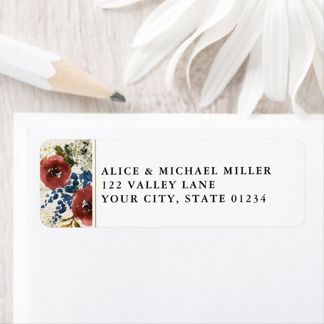 Navy & Rust Light Wood Rustic Flowers Address Label (Insitu)