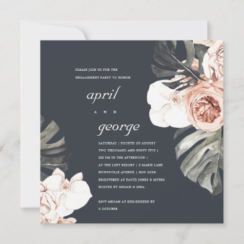 NAVY RUST MONSTERA FLORAL ENGAGEMENT INVITE