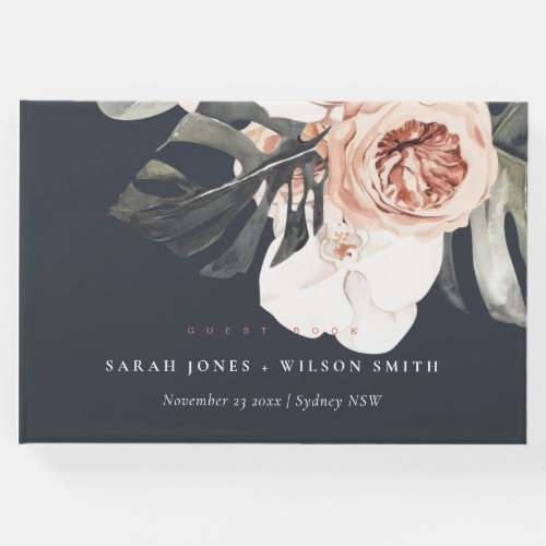 NAVY RUST MONSTERA FLORAL WATERCOLOR WEDDING  GUEST BOOK