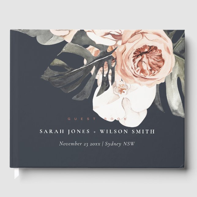 NAVY RUST MONSTERA FLORAL WATERCOLOR WEDDING  GUEST BOOK (Front)