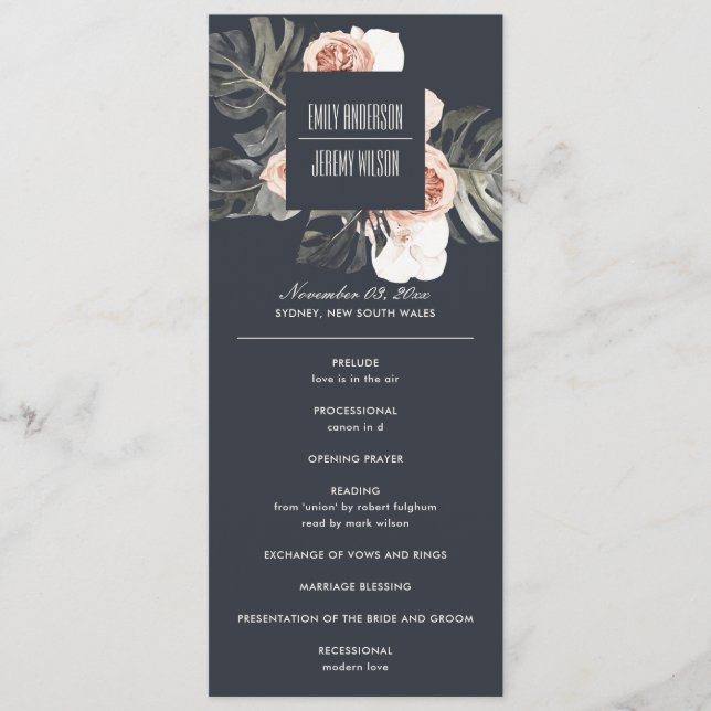 NAVY RUST MONSTERA FLORAL WEDDING CEREMONY PROGRAM (Front)