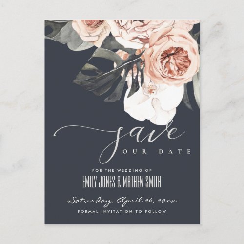 NAVY RUST MONSTERA WATERCOLOR FLORAL SAVE THE DATE ANNOUNCEMENT POSTCARD