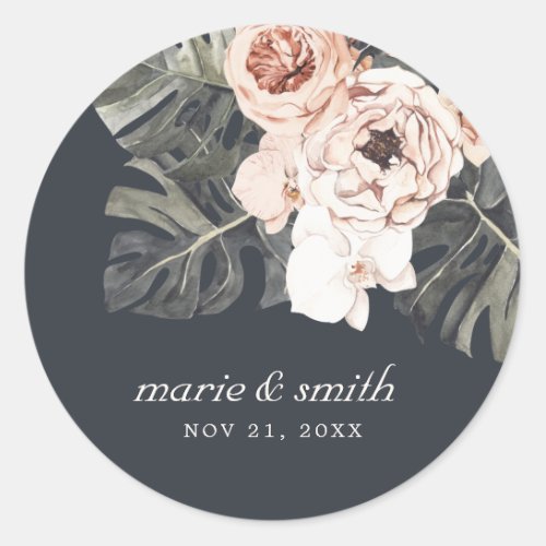 NAVY RUST MONSTERA WATERCOLOR FLORAL WEDDING  CLASSIC ROUND STICKER