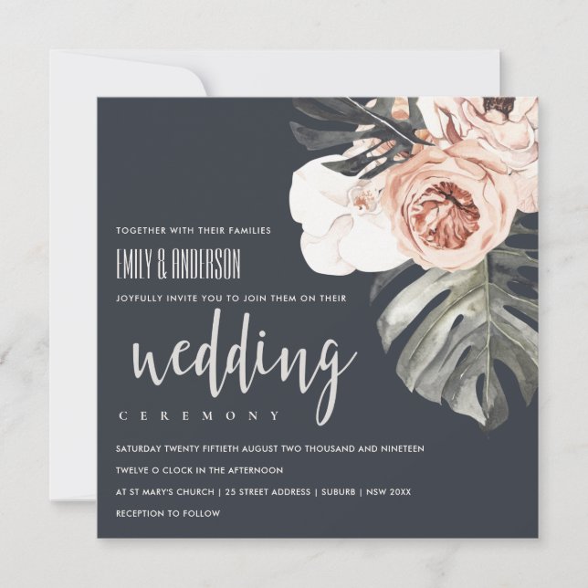 NAVY RUST MONSTRERA WATERCOLOR FLORAL WEDDING INVITATION (Front)