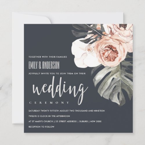 NAVY RUST MONSTRERA WATERCOLOR FLORAL WEDDING INVITATION