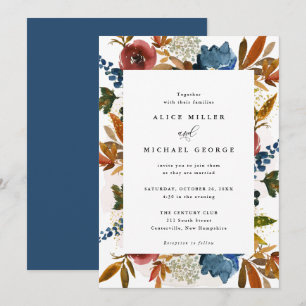 Navy & Rust Watercolor Boho Floral, Framed Wedding Invitation