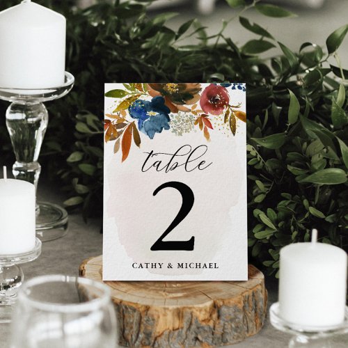 Navy  Rust Watercolor Boho Floral Personalized Ta Table Number