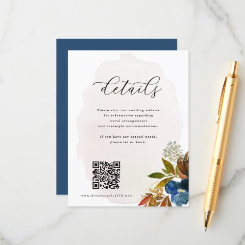 Navy  Rust Watercolor Boho Floral QR Code Wedding Enclosure Card