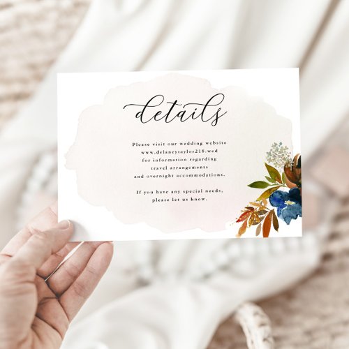 Navy  Rust Watercolor Boho Floral Wedding Details Enclosure Card