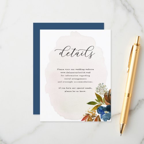 Navy  Rust Watercolor Boho Floral Wedding Enclosure Card