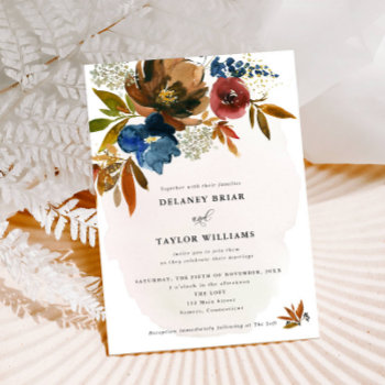 Navy & Rust Watercolor Boho Floral  Wedding Invitation by FancyShmancyNotes at Zazzle
