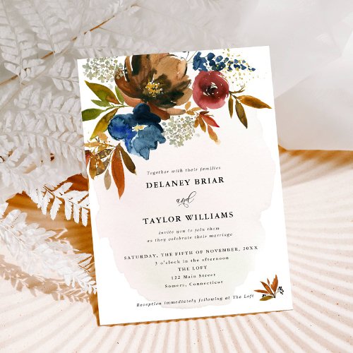 Navy  Rust Watercolor Boho Floral Wedding Invitation