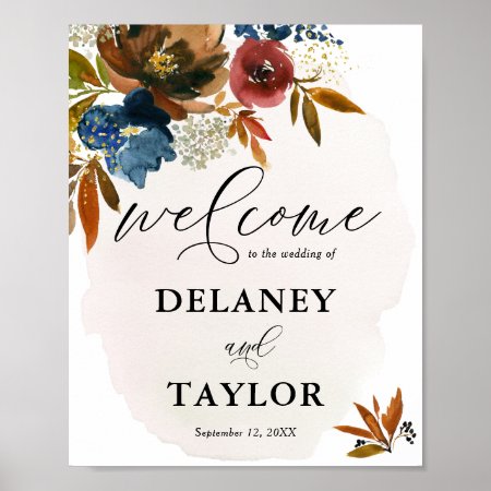 Navy Rust Watercolor Boho Floral Wedding Welcome Poster