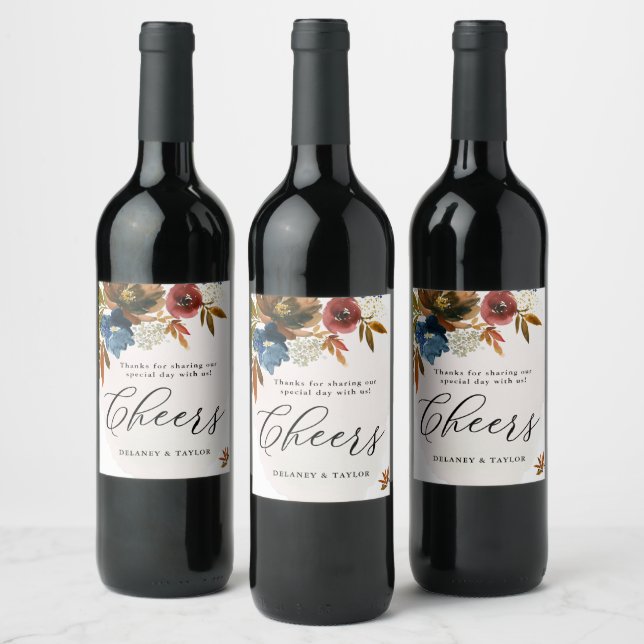 Navy & Rust Watercolor Boho Floral, Wedding Wine Label (Bottles)