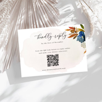 Navy & Rust Watercolor Boho Flower Wedding Qr Code Rsvp Card by FancyShmancyNotes at Zazzle