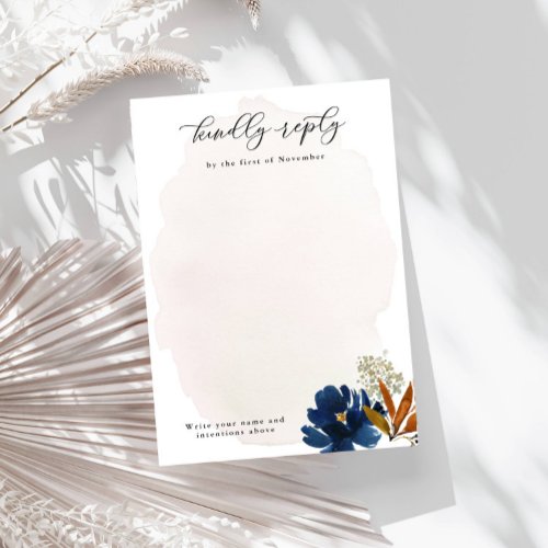 Navy  Rust Watercolor Boho Flowers Vertical Blank RSVP Card