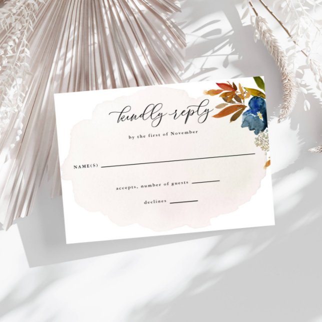 Navy & Rust Watercolor Boho Flowers Wedding Reply RSVP Card (Creator Uploaded)