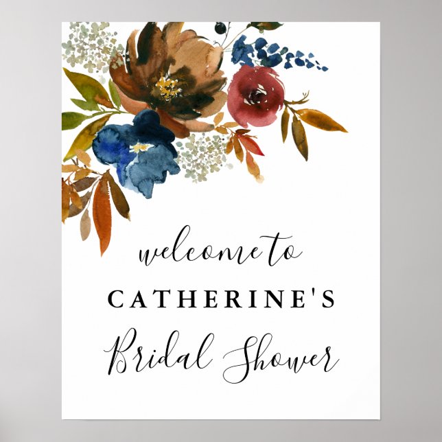 Navy & Rust Watercolor Shower Welcome Poster (Front)
