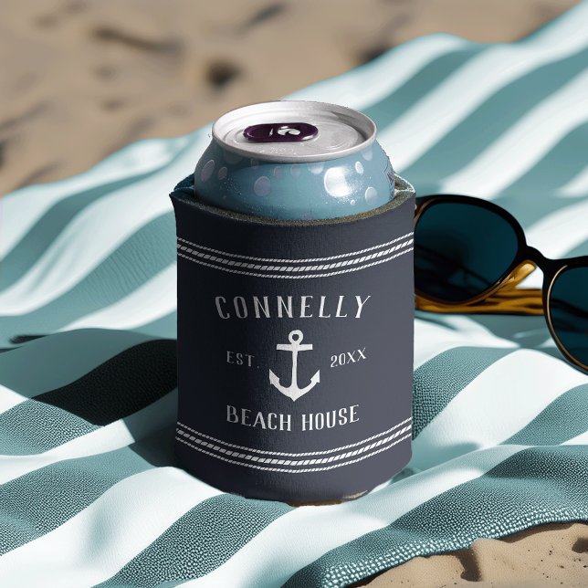 Navy Rustic Anchor Personalized Beach House Can Cooler (Creator Uploaded)