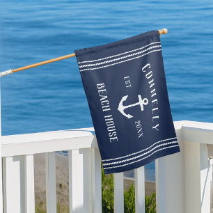 Navy   Rustic Anchor Personalized Beach House Flag